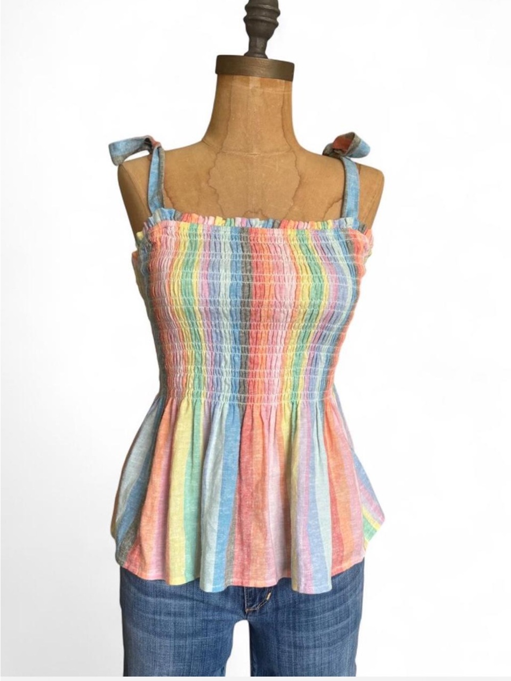 GAP Smocked Tie-Shoulder Tank Top - Pastel Rainbow Stripe